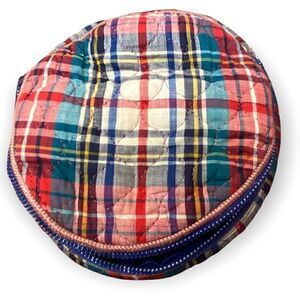 Morrillcraft blue and red circular madras plaid zippered bag -make up CDs misc